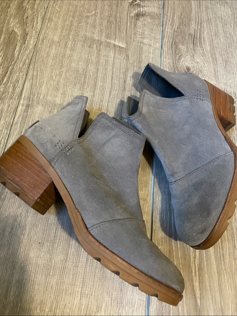 Sorel Gray Suede Cutout Ankle Booties with Wood Block Heel